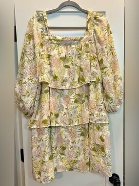 Who What Wear Pink & Green Floral Tiered Puff-Sleeve Mini Dress